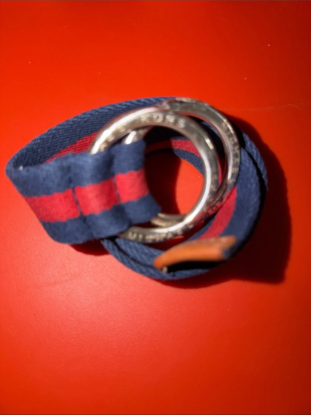 Michael Kors Navy and Red Striped Canvas Belt with Leather Trim